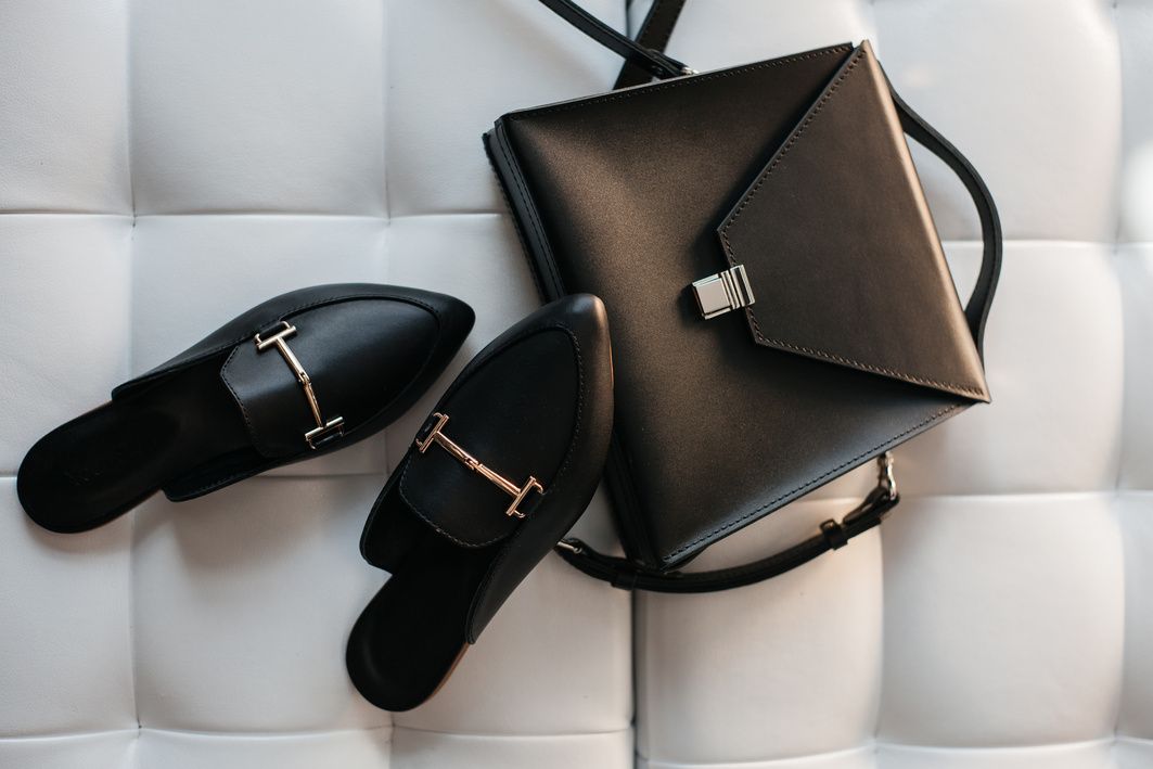 Leather Shoes and Bag on White Background